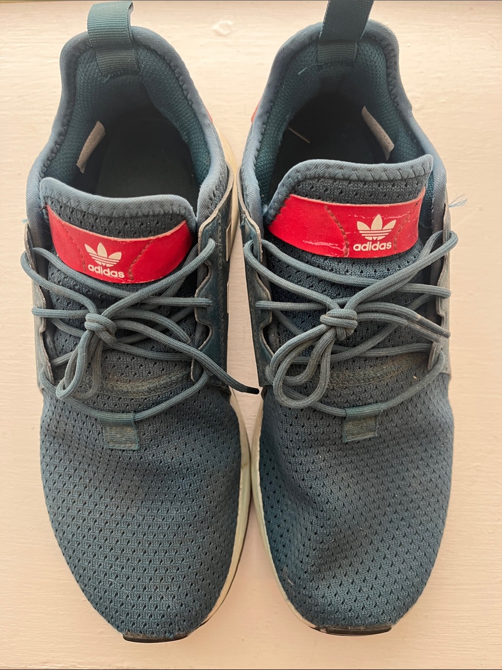 adidas Men’s Dark Teal Knit Sneakers with Red Logo Patch